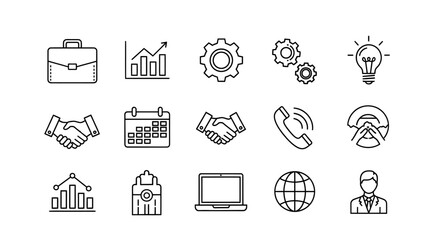 Business and Technology Icon Set Briefcase Chart Gears Handshake and Globe.