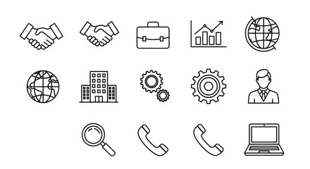 Business and Technology Icons Handshakes Briefcase Graph Globe Gears and More.