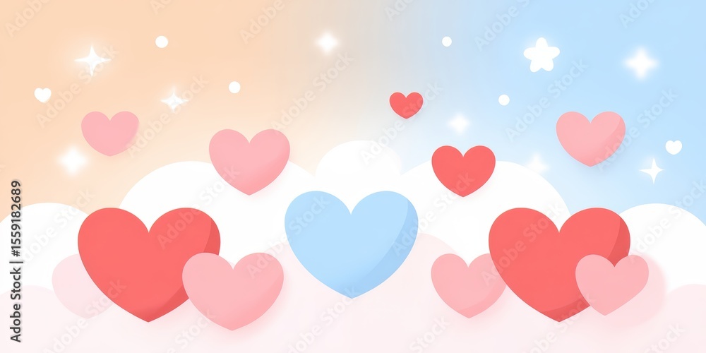 Poster colorful background with many hearts scattered throughout. the hearts are of different sizes and col