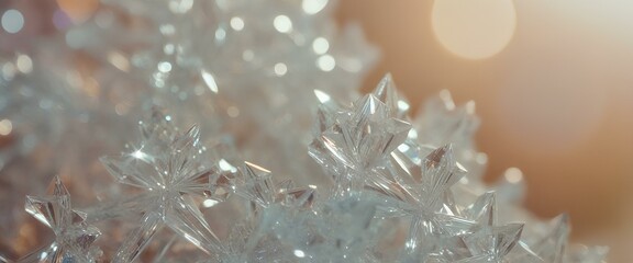 Close up of abstract clear crystals on beige background