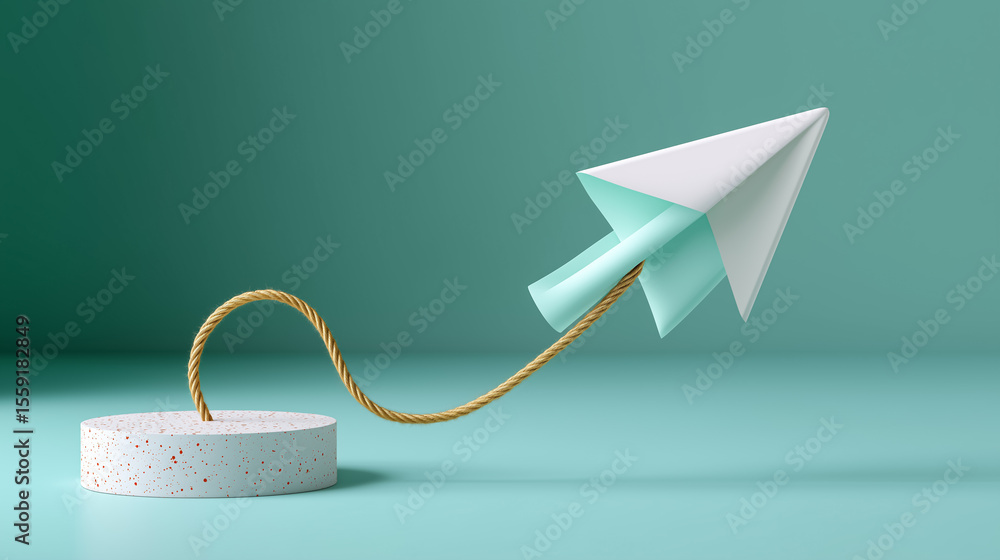 Aufkleber paper arrow is tugged upwards by a string, illustrating concepts of effort and guidance. soft pastel