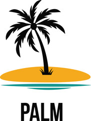Tropical palm tree silhouette on island with sea and vector illustration graphic