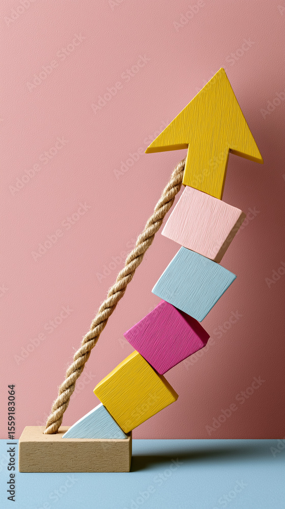 Poster paper arrow being pulled upward by string showcasing effortful progress. minimalist setup with soft 