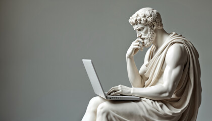 Classical statue using laptop. Ancient marble sculpture, modern tech, contrast. Concept photo of history, innovation, creative blend, deep thought. Historical artwork, philosophy. Old thinker