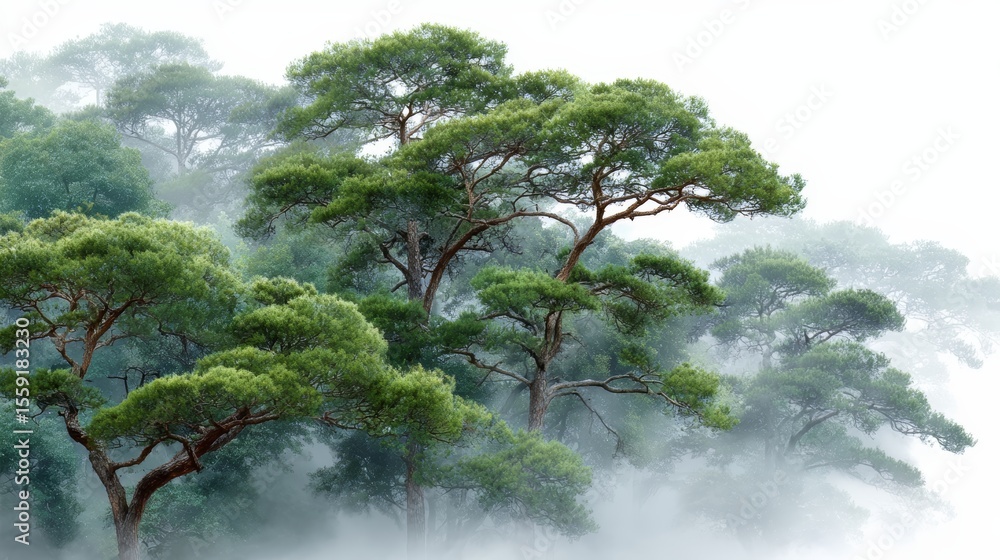 Poster forest with trees in the foreground and background. the trees are green and the sky is cloudy