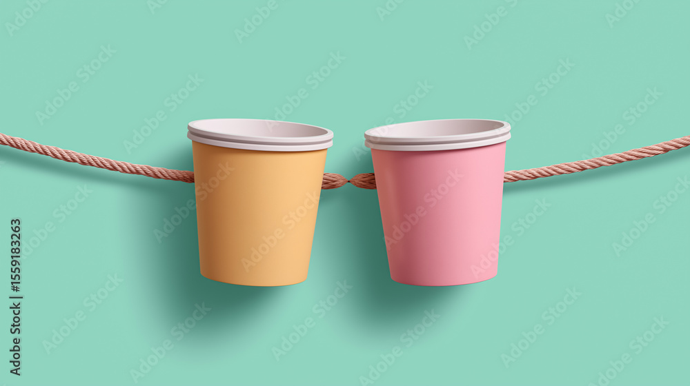 Poster two colorful paper cups connected by string symbolize simple communication. setting features pastel 