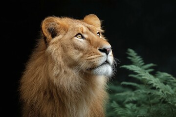 Obraz premium Majestic Lion Portrait Against Dark Background