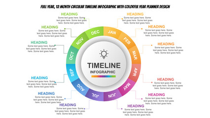 Full year, 12 Month Circular Timeline Infographic with Colorful Year Planner Design. Fully editable vector SVG file compatible with PowerPoint, Illustrator, and most vector-based applications.
