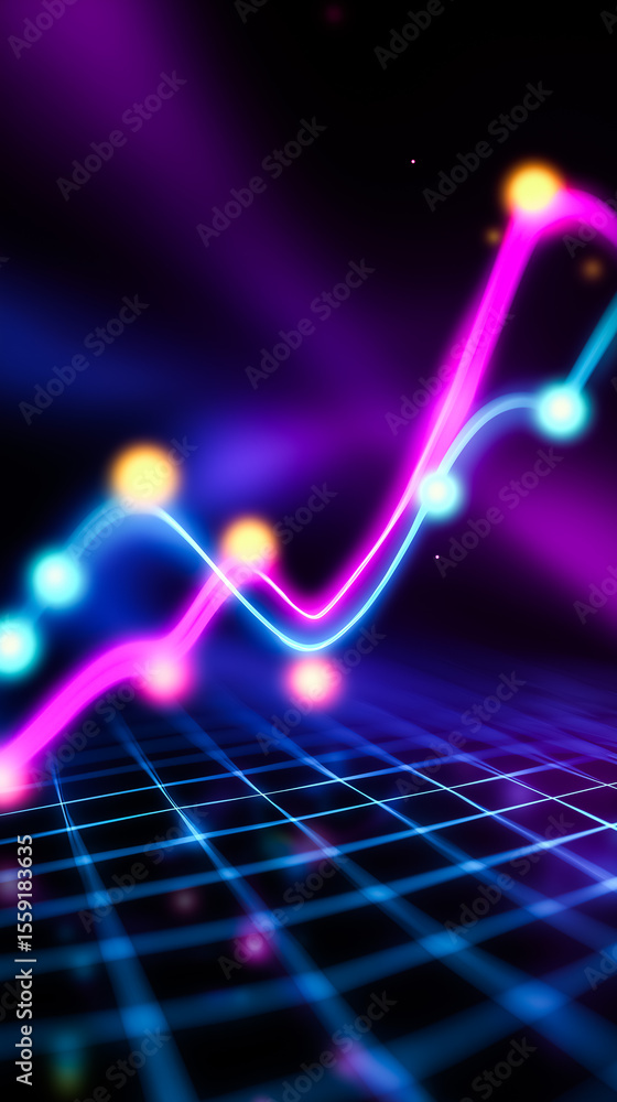 Poster line chart illustrates upward trend with vibrant glowing data points. abstract digital interface sty