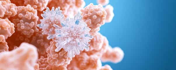 Abstract Virus Cell Structure with Spikes and Rounded Body on Blue,Microscopic,Biology