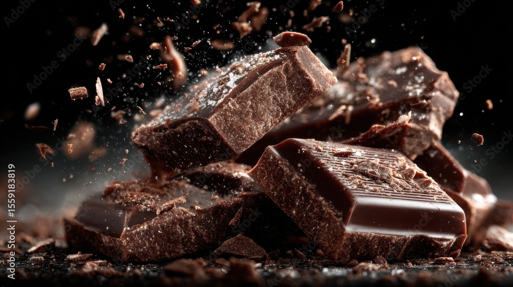Poster dark chocolate blocks rest on a surface, surrounded by a fine mist of cocoa powder. the setup highli