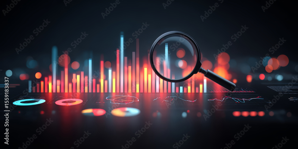 Poster magnifying glass is on top of a graph with many different colored lines. the graph is a representati
