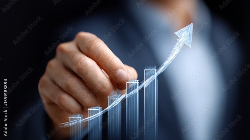 Aufkleber man is drawing a graph with a line that is pointing upwards. the graph is showing a positive trend, 