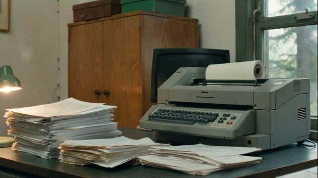A retro home office scene with an old computer, dot matrix printer, and stacks of printed paper with perforated edges, lit by a small desk lamp

