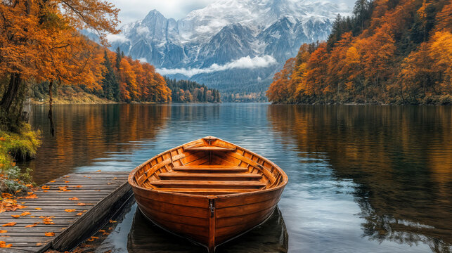 Autumn wooden rowboat docked at serene mountain lake with vivid fall foliage and misty snow-capped peaks reflection landscape
