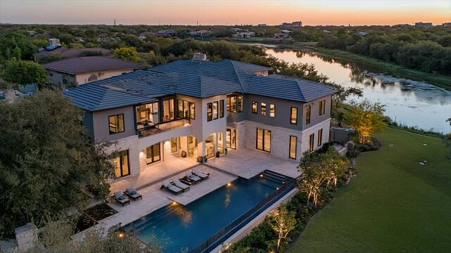 Luxurious waterfront home with infinity pool, expansive patio, and tranquil setting at dusk