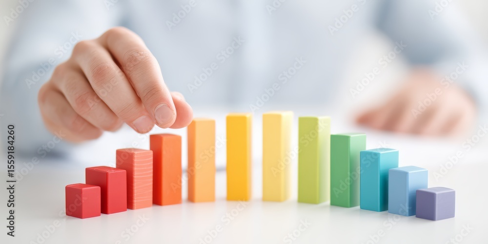 Poster person is holding a stack of colorful blocks, which are arranged in a rainbow pattern. the blocks ar