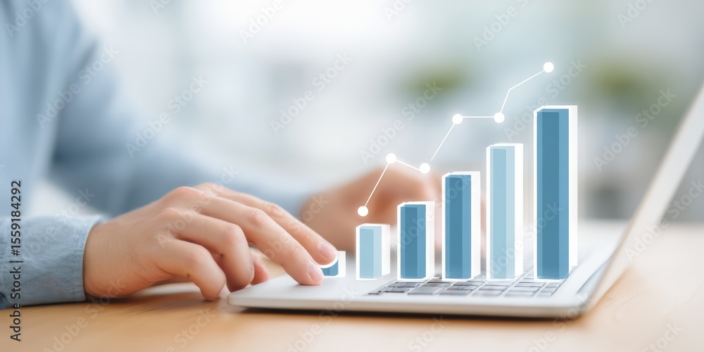 Poster person is typing on a laptop with a graph of numbers on the screen. the graph shows a steady increas