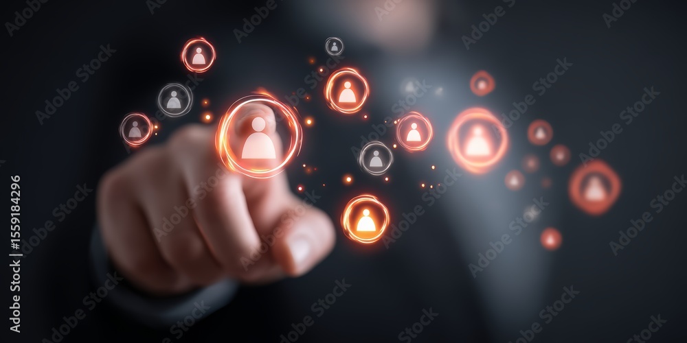 Poster person is pointing at a screen with a bunch of people on it. the people are all connected to each ot