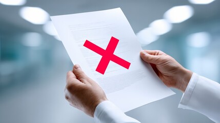 Person holding a piece of paper with an X on it. The paper is white and the X is red