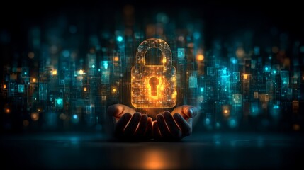 Person is holding a key in front of a cityscape. The key is glowing and the cityscape is lit up with bright colors. Concept of security and protection