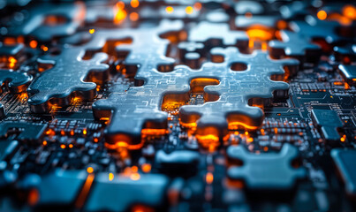 Close-up of futuristic puzzle pieces integrated with glowing electronic circuit board in blue and orange digital technology concept background