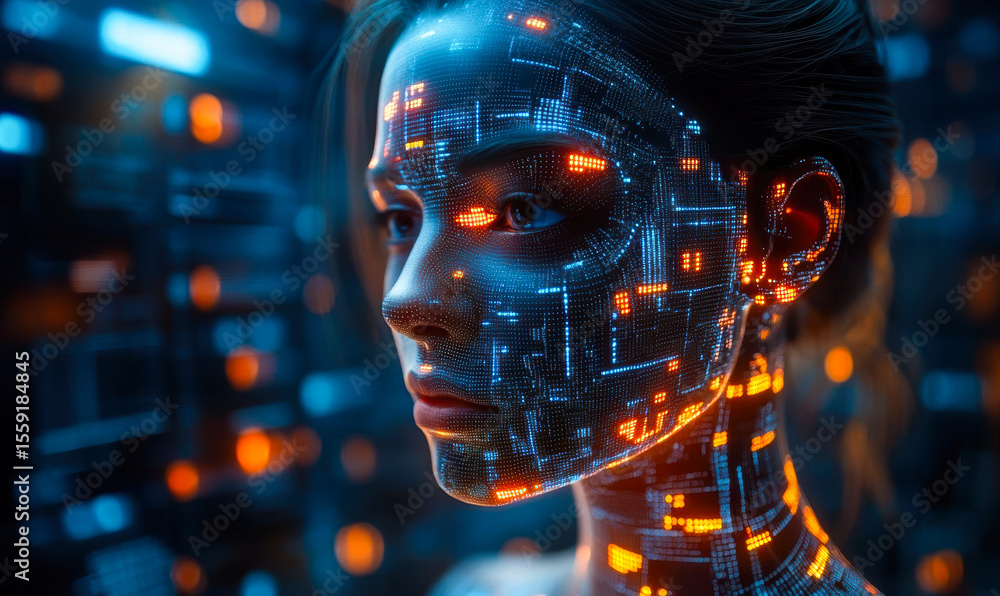 Aufkleber futuristic female face with glowing orange and blue digital circuit patterns representing artificial
