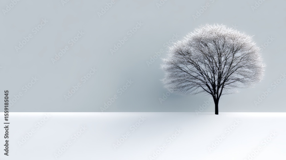 Poster tree stands alone in a snow-covered field. concept of solitude and tranquility, as the tree is the o