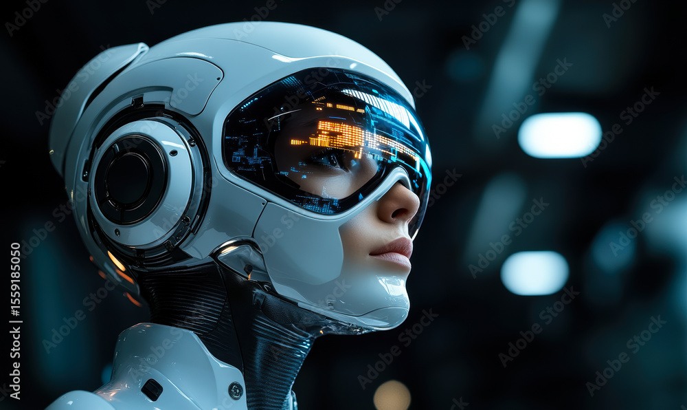 Poster futuristic humanoid robot with advanced digital visor displaying data interface in dark tech environ