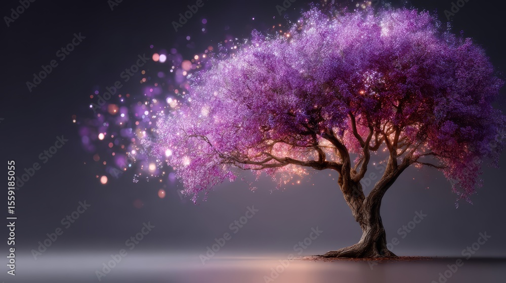Poster tree with purple leaves is the main focus of the image. the tree is surrounded by a blurry backgroun