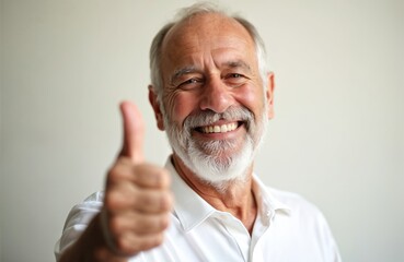 Smiling senior man shows thumb up. Happy elderly person with grey hair, beard. Positive emotion, success, approval, like concept. White shirt, neutral background. Confidence, joy, satisfaction. Good