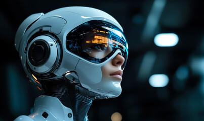 Futuristic humanoid robot with advanced digital visor displaying data interface in dark tech environment closeup profile portrait
