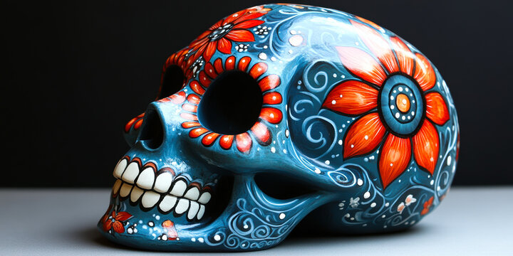 Colorful blue sugar skull with red floral patterns and intricate white swirls decoration on black background for Day of the Dead celebration