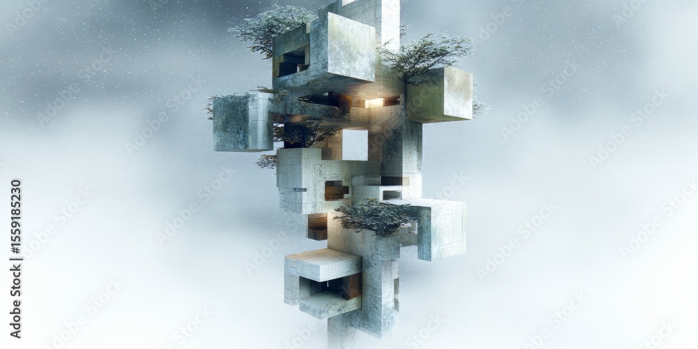 Poster white building with a lot of windows and a lot of snow on it. the building is made of concrete block