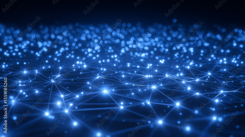 Poster network nodes glow softly across dark surface, creating an intricate web of connectivity and digital