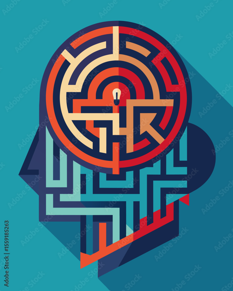 Poster an intricate maze inside a persons mind ping them in a neverending cycle of mental slavery.. vector 