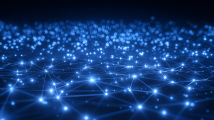 Network nodes glow softly across dark surface, creating an intricate web of connectivity and digital communication. Concept of technology innovation, telecommunications, data analysis