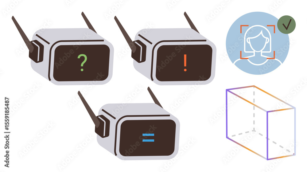 Poster three ai devices display states using punctuation marks. facial recognition icon and 3d wireframe bo
