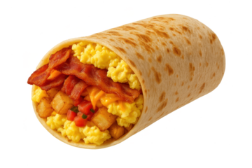 Breakfast burrito with bacon and egg, isolated on transparent background