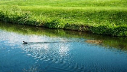 landscape photograph of a canal with a protruding bank on the left covered with green grass and a duck