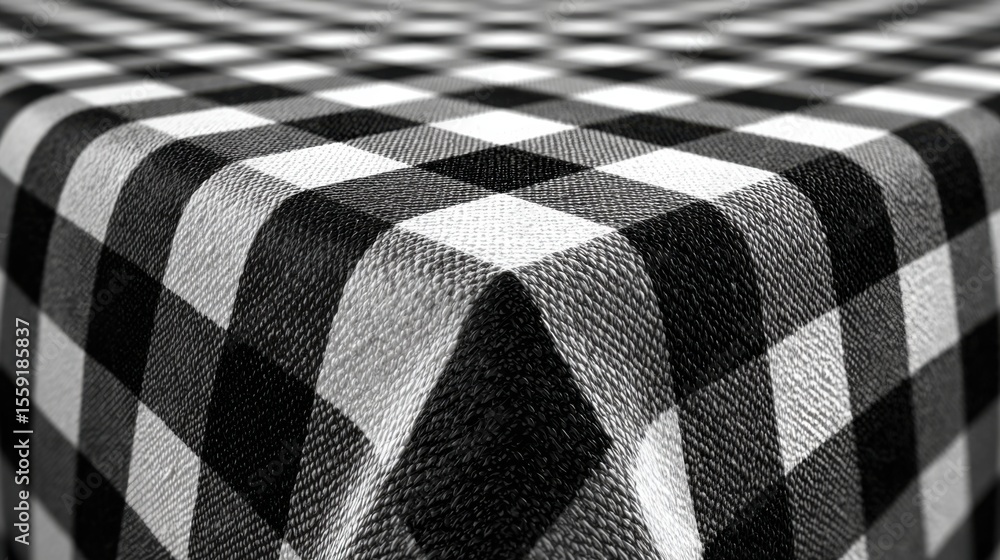 Poster textured checkered tablecloth in black and white drapes over the edge of a dining table, enhancing a