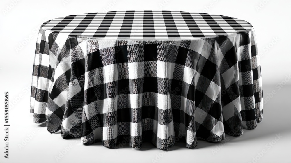 Poster a round table is covered with a black and white checkered tablecloth, creating a striking visual eff