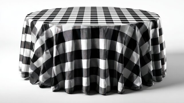 A round table is covered with a black and white checkered tablecloth, creating a striking visual effect in a minimalist environment, highlighting the fabric's texture and patterns.