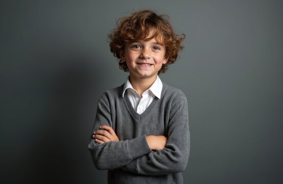 Portrait of a cute boy with crossed arms on gray background. Smiling child wear school uniform. Happy male kid, schoolboy looking at camera. Happiness concept, education, back to school, childhood.