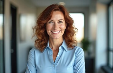 Happy, smiling middle-aged businesswoman portrait in office. Confident professional female attorney, executive, manager or leader looks at camera. Mature lady, entrepreneur, professional.