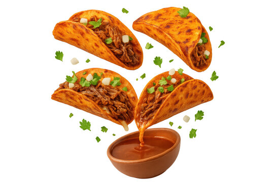 Four authentic birria tacos with consomm&eacute; isolated on transparent background.