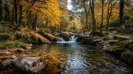 A peaceful river flows through a forest adorned with golden and orange leaves, creating a tranquil atmosphere in the heart of autumn. Rocks and moss enhance the scenic beauty.