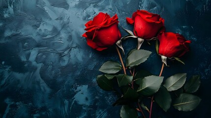 Three Red Roses on Dark Blue Textured Background