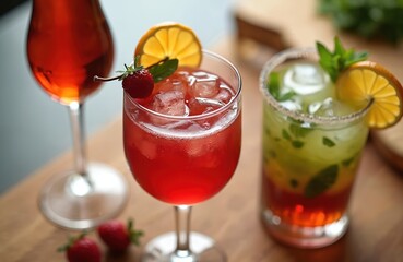 Selection of colorful cocktails, spirits in glasses with fruits, ice. Alcoholic beverages for making cocktails, drinks in bar restaurant, party, club. Close-up drink photography. Cold alcohol.