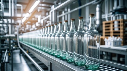 Glass bottles on a conveyor belt in a factory, showing production and packaging.